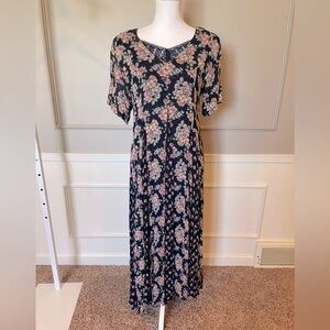 Vintage 90s Broadway Star dress Rayon floral maxi Medium navy pink midi Friends